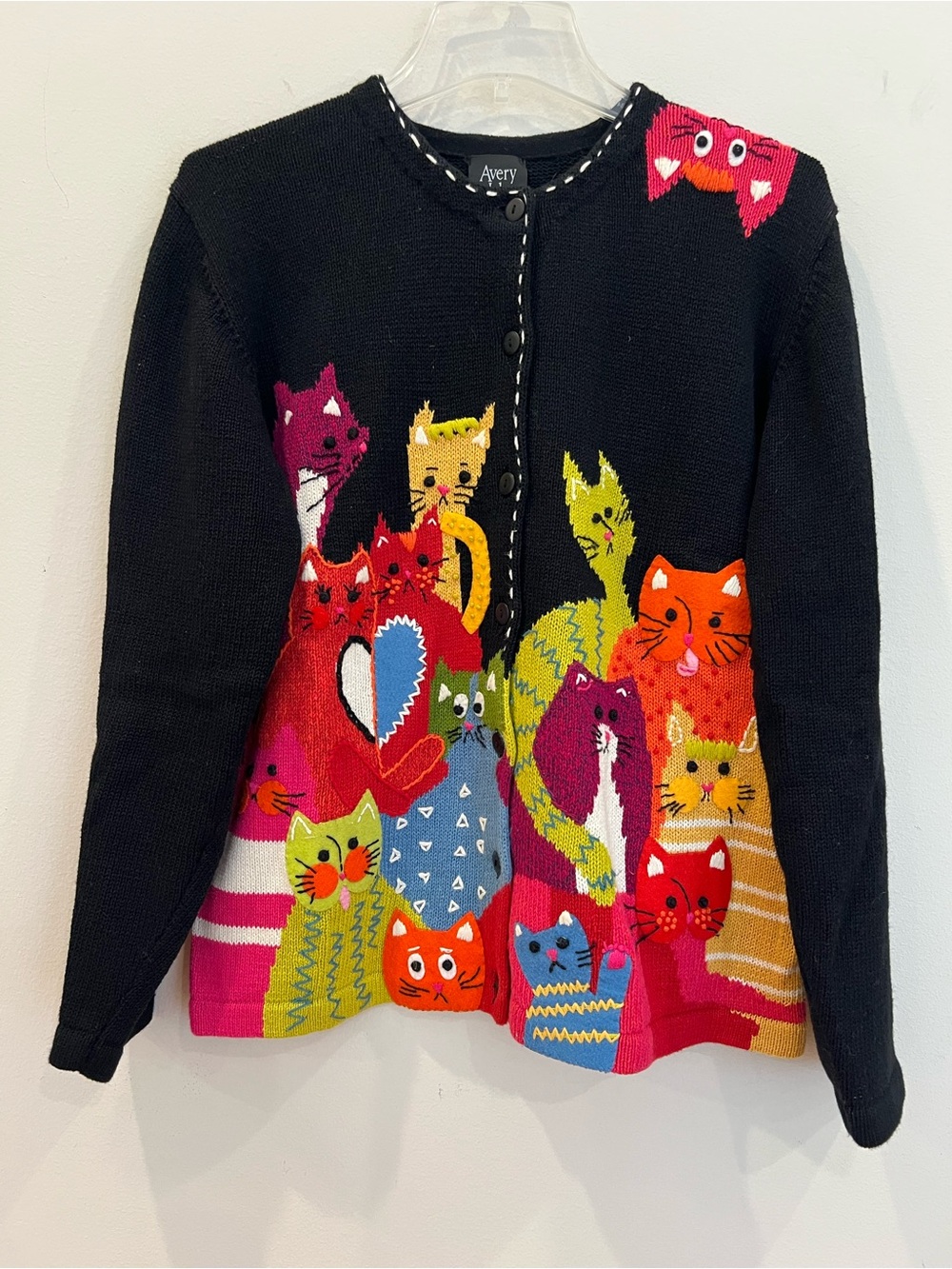 Vintage Avery Isle Cardigan Sweater Women Large Ramie Cats Colorful Artsy Unique